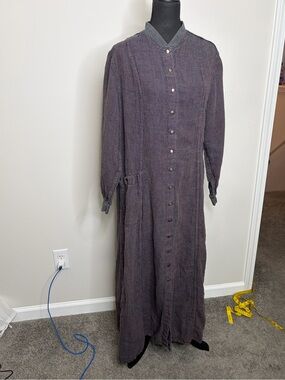 FLAX by Jeanne Engelhart Linen Snap-Front Maxi Dress/Duster 1990s Y2K vintage